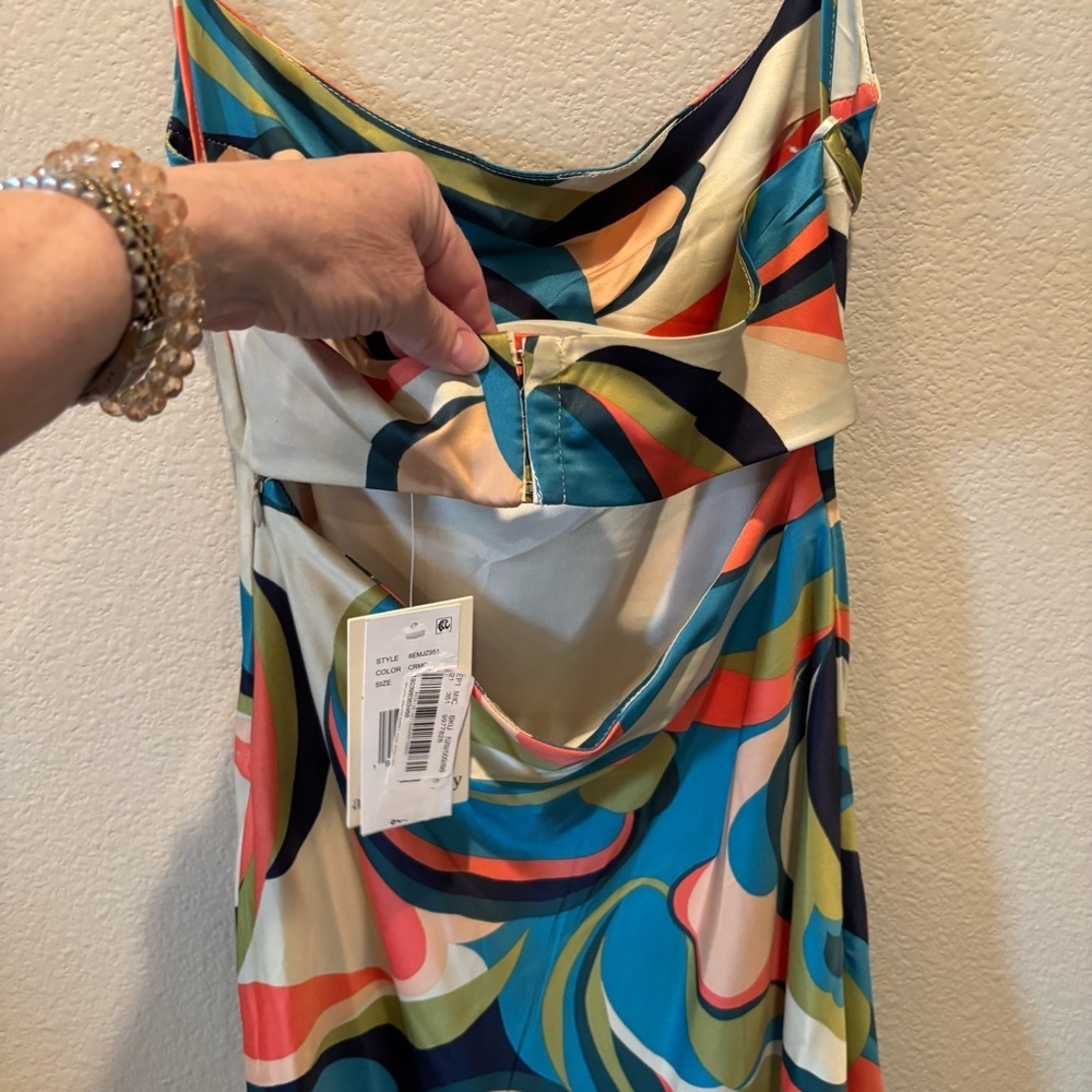 NWT Allison & Kelly Satin Geo Print Spaghetti Strap Back Cut Out Slip Dress, XS - Picture 8 of 13
